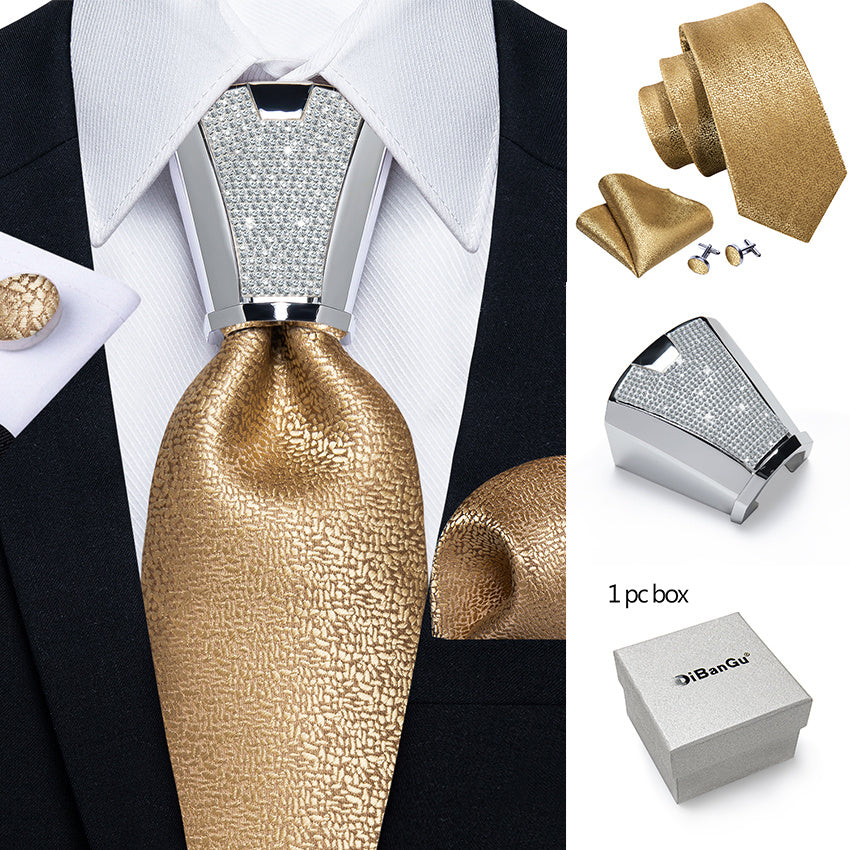 [For Business Silvery Necktie Set] Men's Necktie Silvery Ring & Handkerchief & Cufflinks Set For Business Accessories With Gift Box