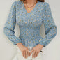 Ditsy Floral Print Shirred Blouse, Elegant Long Sleeve V Neck Blouse, Women's Clothing