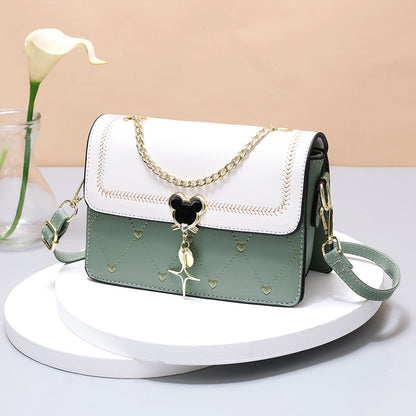 Geometric Embroidered Flap Square Bag - Chic Crossbody with Stylish Chain, Magnet Closure, and Bag Charm