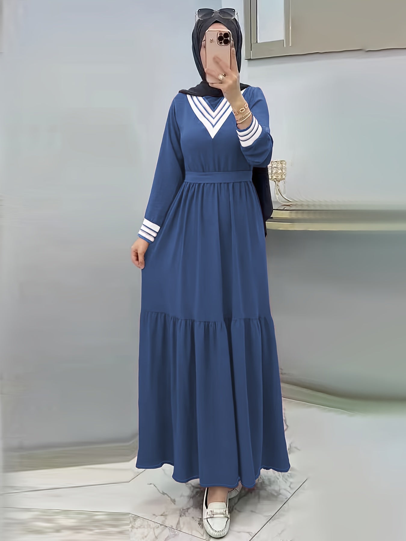 Ramadan Elegant Long Sleeve Tie Waist Maxi Modest Dress - Abayas for Women with Solid Color, Comfortable Wear, and Modest Fashion - Perfect for Islamic Occasions and Everyday Wear