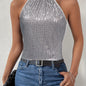 Sequined Tie Back Halter Top, Elegant Sleeveless Top For Summer, Women's Clothing