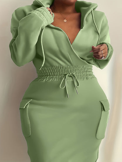 Plus Size Elegant Tunic Dress - Hooded, Shirred, Nipped Waist, Long Sleeve, Bodycon, Midi Length, Solid Color, Polyester, Machine Washable, Pocket Detail