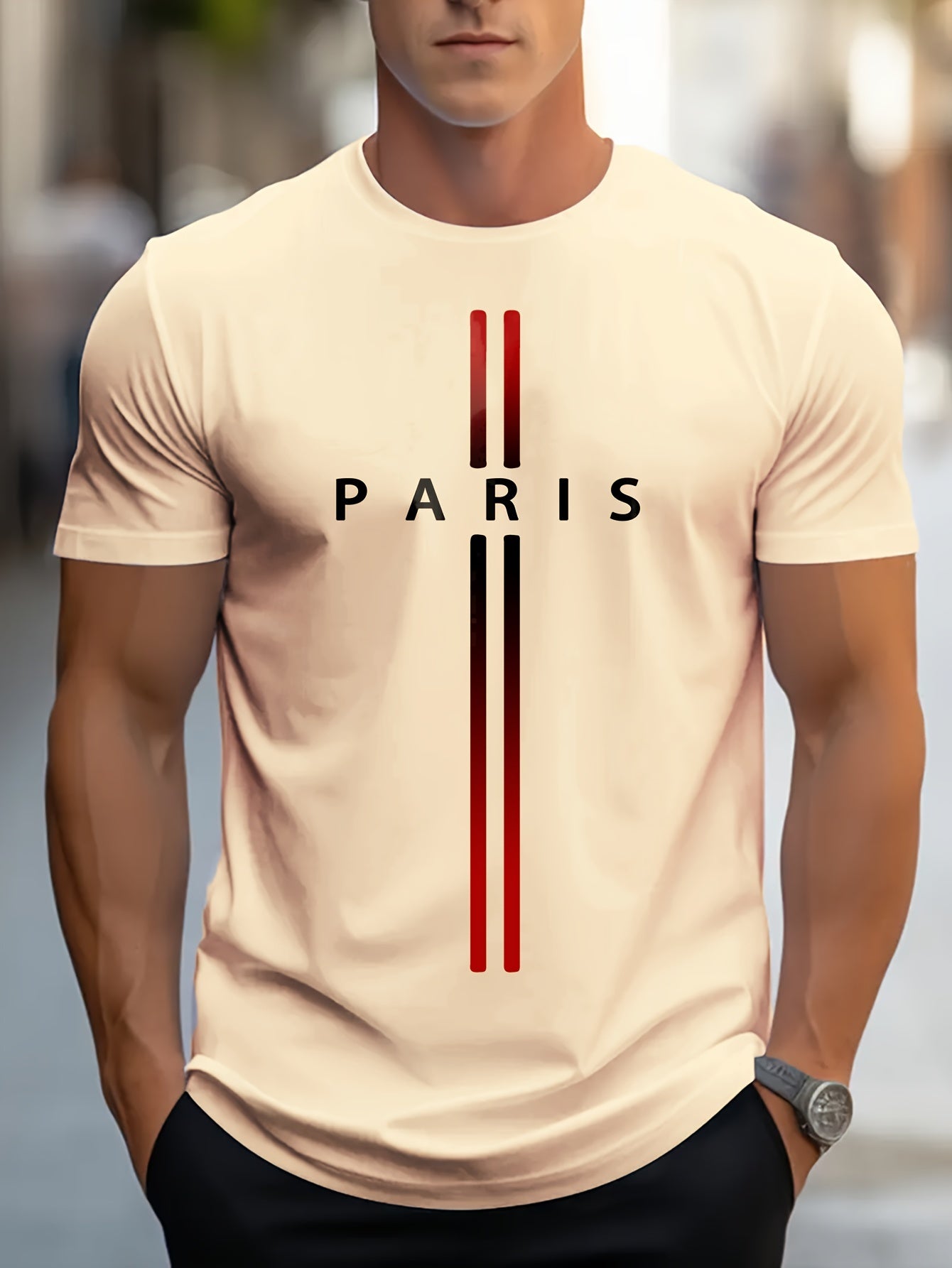 Paris Print, Men's Graphic Design Crew Neck T-shirt, Casual Comfy Tees Tshirts For Summer, Men's Clothing Tops For Daily Vacation Resorts