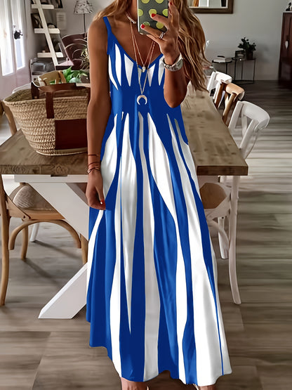 Vibrant Geo Print Deep V Neck Modest Sun Dress - Soft Micro Elastic Polyester Fabric, Machine Washable, Sleeveless, Spaghetti Strap, Perfect for Summer - Womens Casual Wear