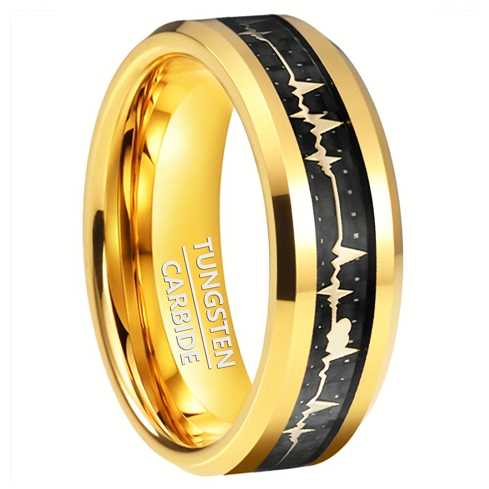 New Tungsten Steel Ring, Black Ring With Pattern Of Golden ECG, Couple Ring, High-Quality Black Tungsten Ring For Men, Fashion Engagement Wedding Band