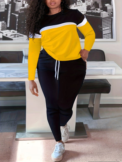 Plus Size Casual Outfits Two Piece Set, Women's Plus Colorblock Long Sleeve Round Neck Top & Pants Outfits 2 Piece Set
