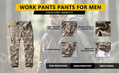 AKNAVY Solid Cotton Camo Multi Flap Pockets Men's Straight Leg Cargo Pants, Loose Casual Outdoor Pants, Men's Work Pants For Hiking Fishing Angling