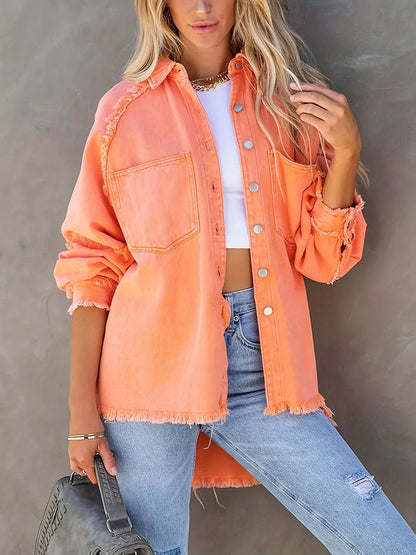Women's Plus Size Denim Shacket with Raw Hem and Lapel Collar - Casual Button Up Long Sleeve Top for Oversized Comfort and Style