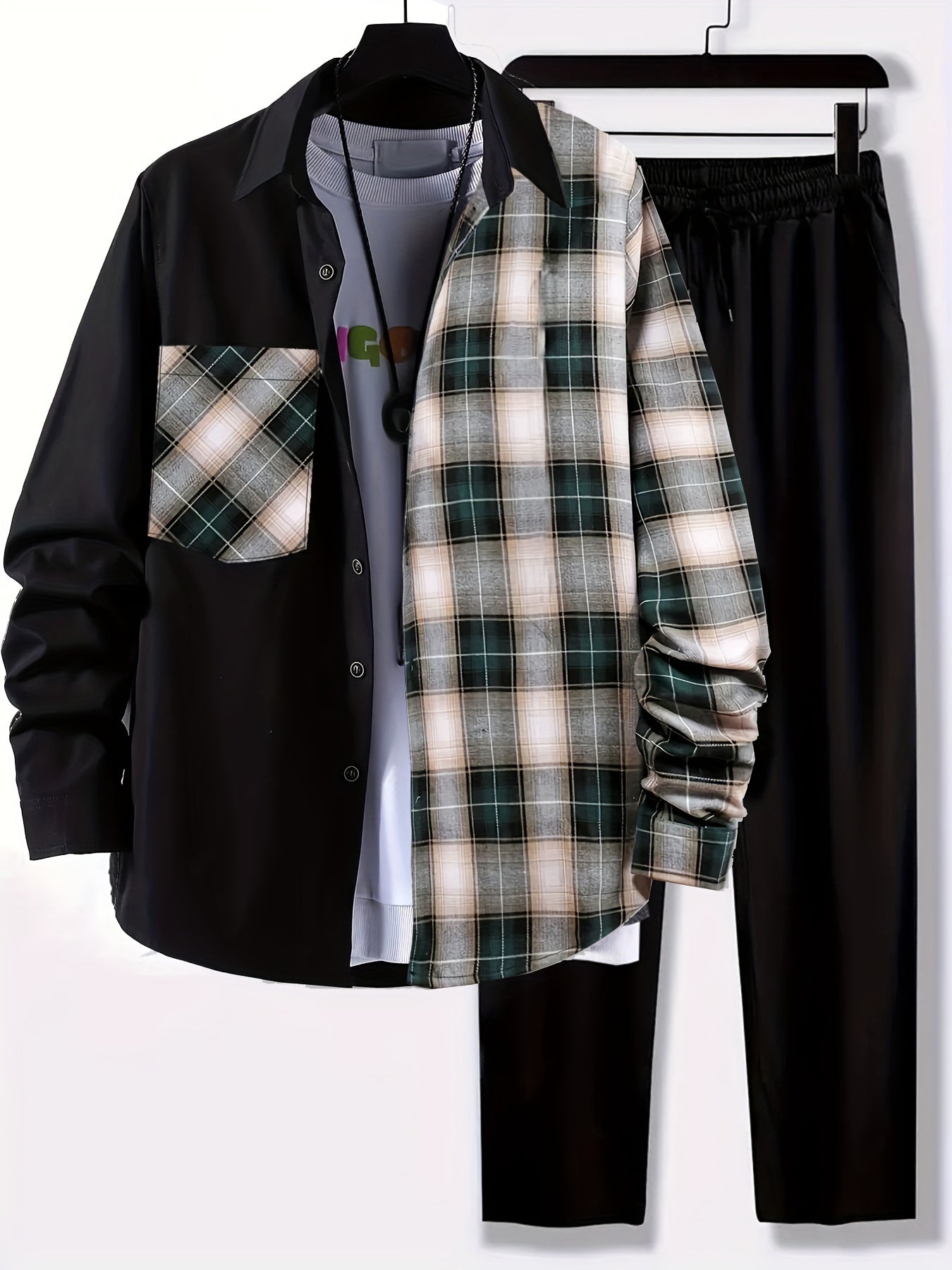 Plus Size Men's Plaid Shirt & Pants Set For Spring/autumn, Oversized Loose Fit 2Pcs Outfits For Workout/outdoor, Men's Clothing