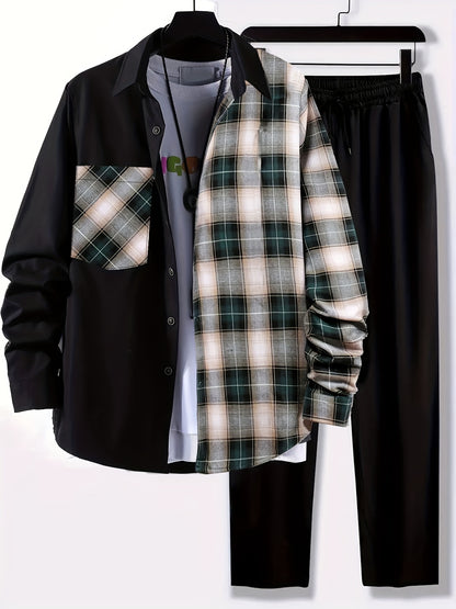 Plus Size Men's Plaid Shirt & Pants Set For Spring/autumn, Oversized Loose Fit 2Pcs Outfits For Workout/outdoor, Men's Clothing