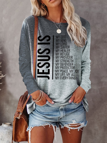Jesus Print Crew Neck T-shirt, Casual Long Sleeve Top For Spring & Fall, Women's Clothing