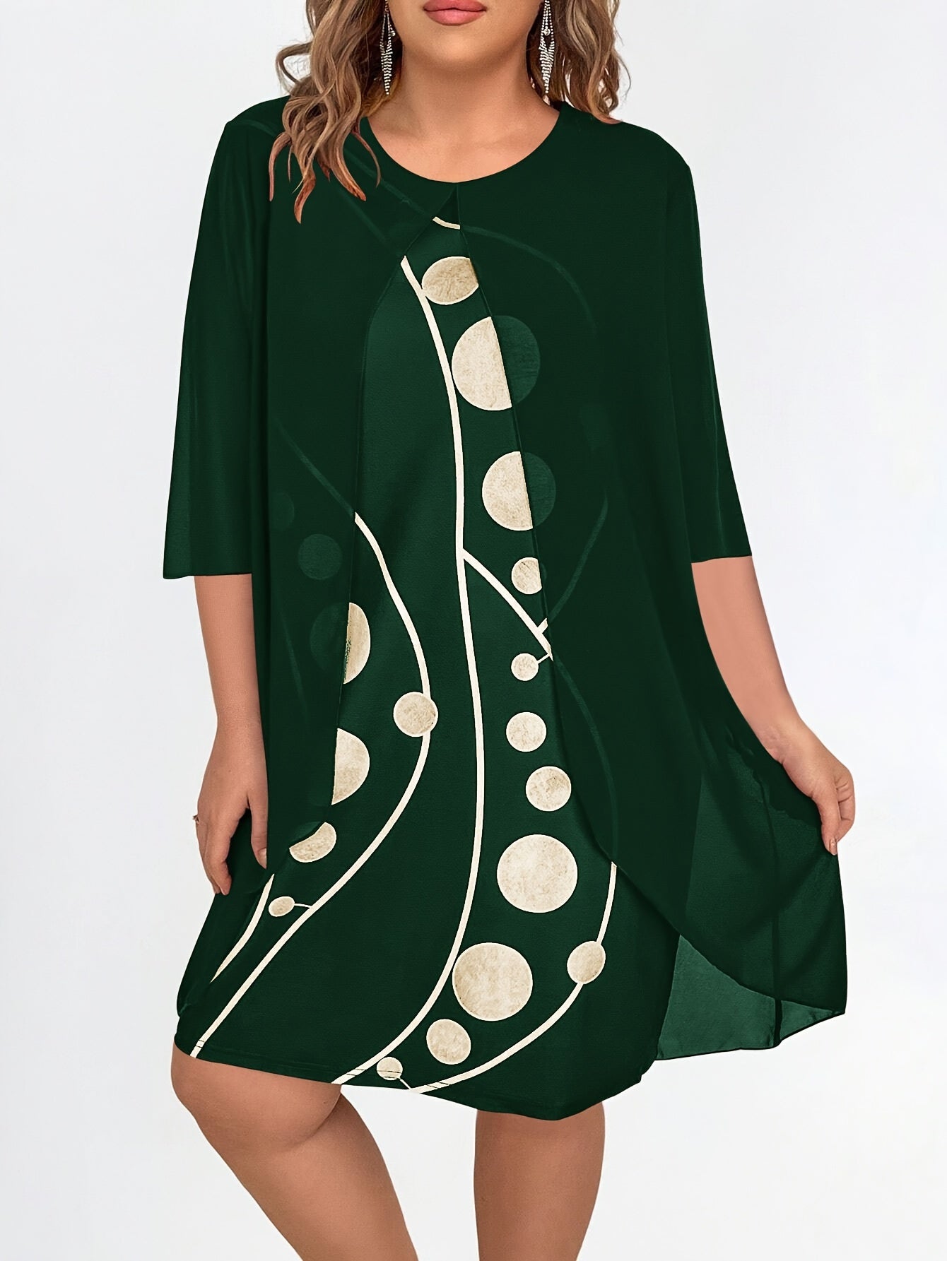 [Elegant Abstract Print Dress] Elegant 3/4 Sleeve Abstract Print Layered Dress - Women's Clothing, Crew Neck