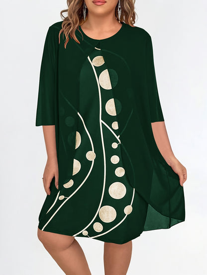 [Elegant Abstract Print Dress] Elegant 3/4 Sleeve Abstract Print Layered Dress - Women's Clothing, Crew Neck