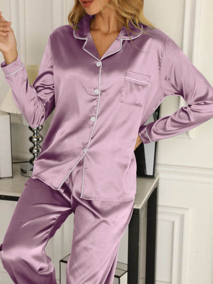 Solid Pajama Set, Long Sleeve Button Up Lapel Top & Pants Pj Set, Women's Sleepwear & Loungewear