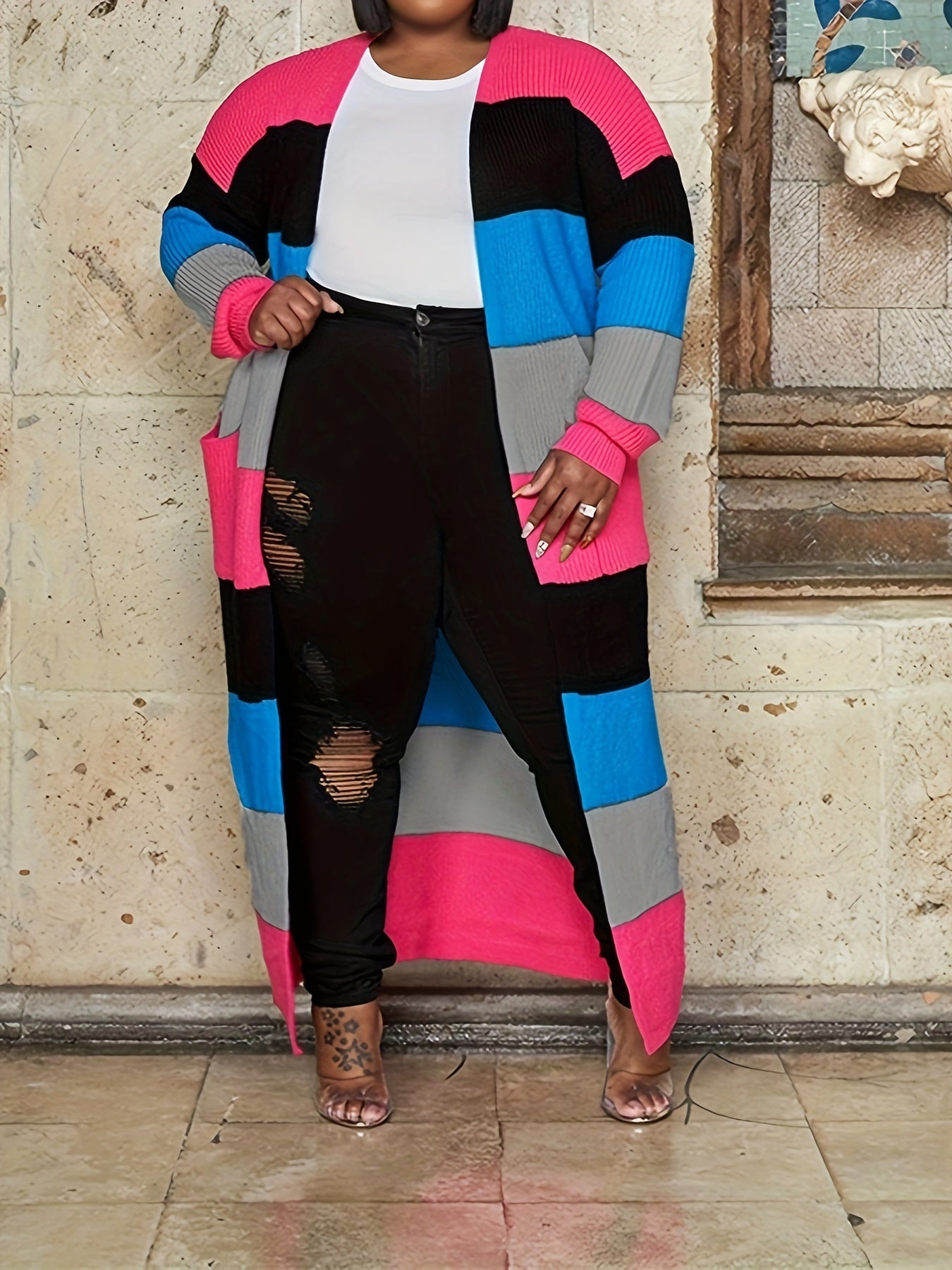 Long Sleeve Color Block Knit Cardigan - Stylish Open Front, Cozy Casual Sweater with Convenient Pockets, Perfect for Womens Everyday Wear