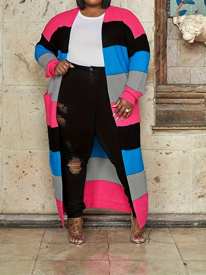 Long Sleeve Color Block Knit Cardigan - Stylish Open Front, Cozy Casual Sweater with Convenient Pockets, Perfect for Womens Everyday Wear