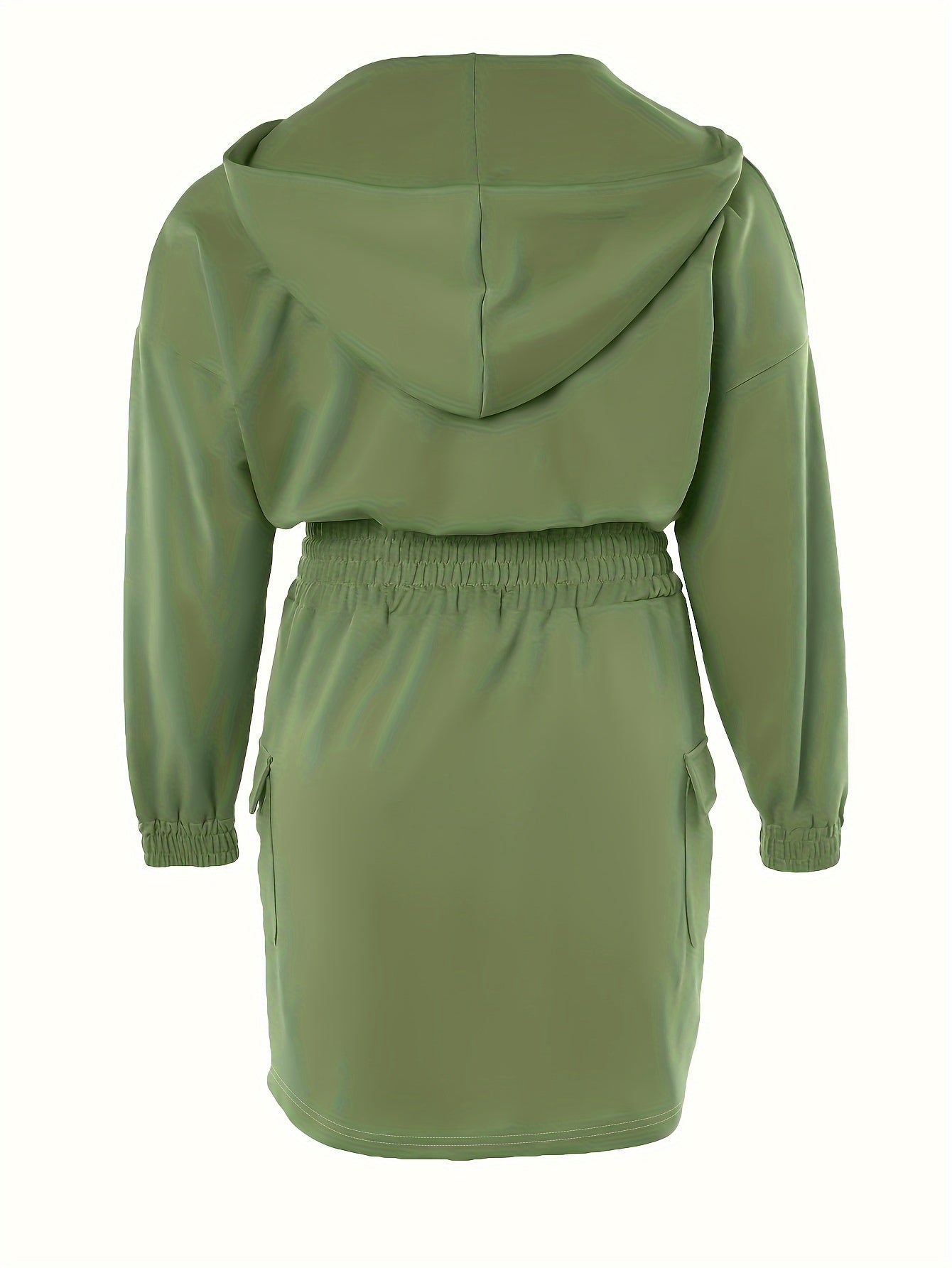 Plus Size Elegant Tunic Dress - Hooded, Shirred, Nipped Waist, Long Sleeve, Bodycon, Midi Length, Solid Color, Polyester, Machine Washable, Pocket Detail