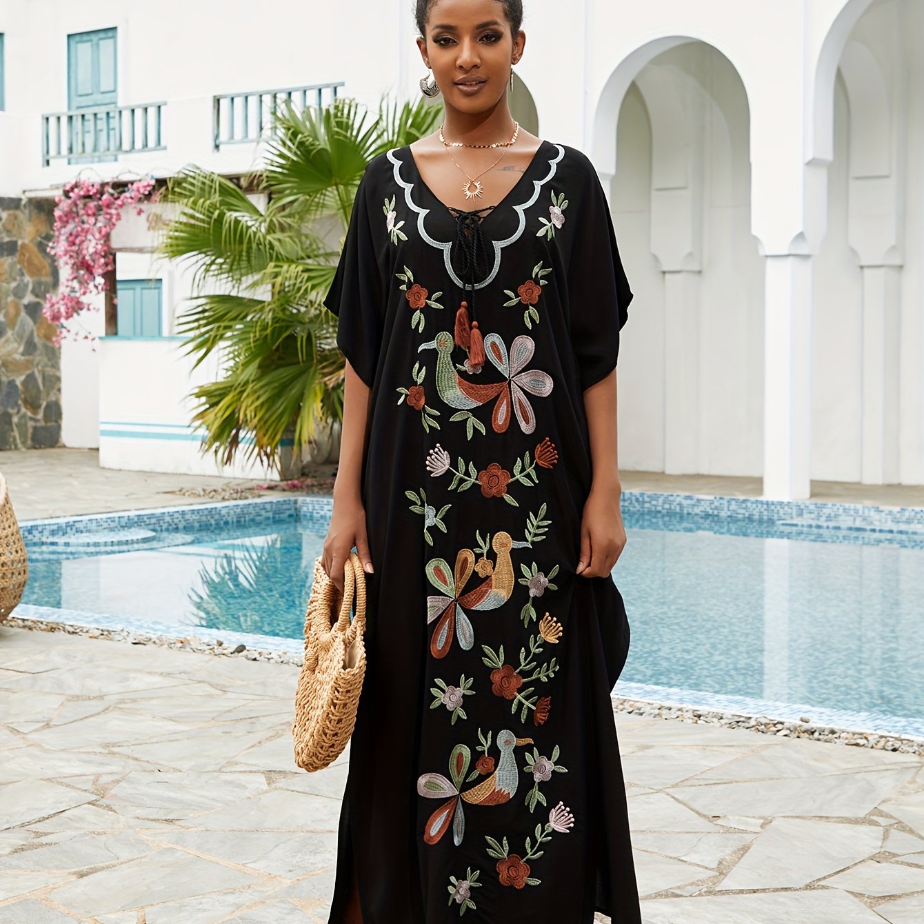 Bohemian Golden Embroidered Plus Size Maxi Dress with Bat Sleeves for Ramadan