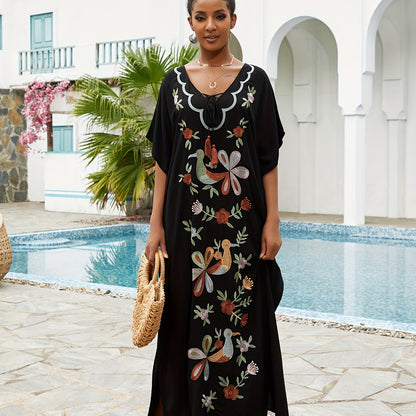 Bohemian Golden Embroidered Plus Size Maxi Dress with Bat Sleeves for Ramadan