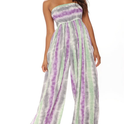 Allover Print Tube Jumpsuit, Casual Off Shoulder Wide Leg Jumpsuit, Women's Clothing
