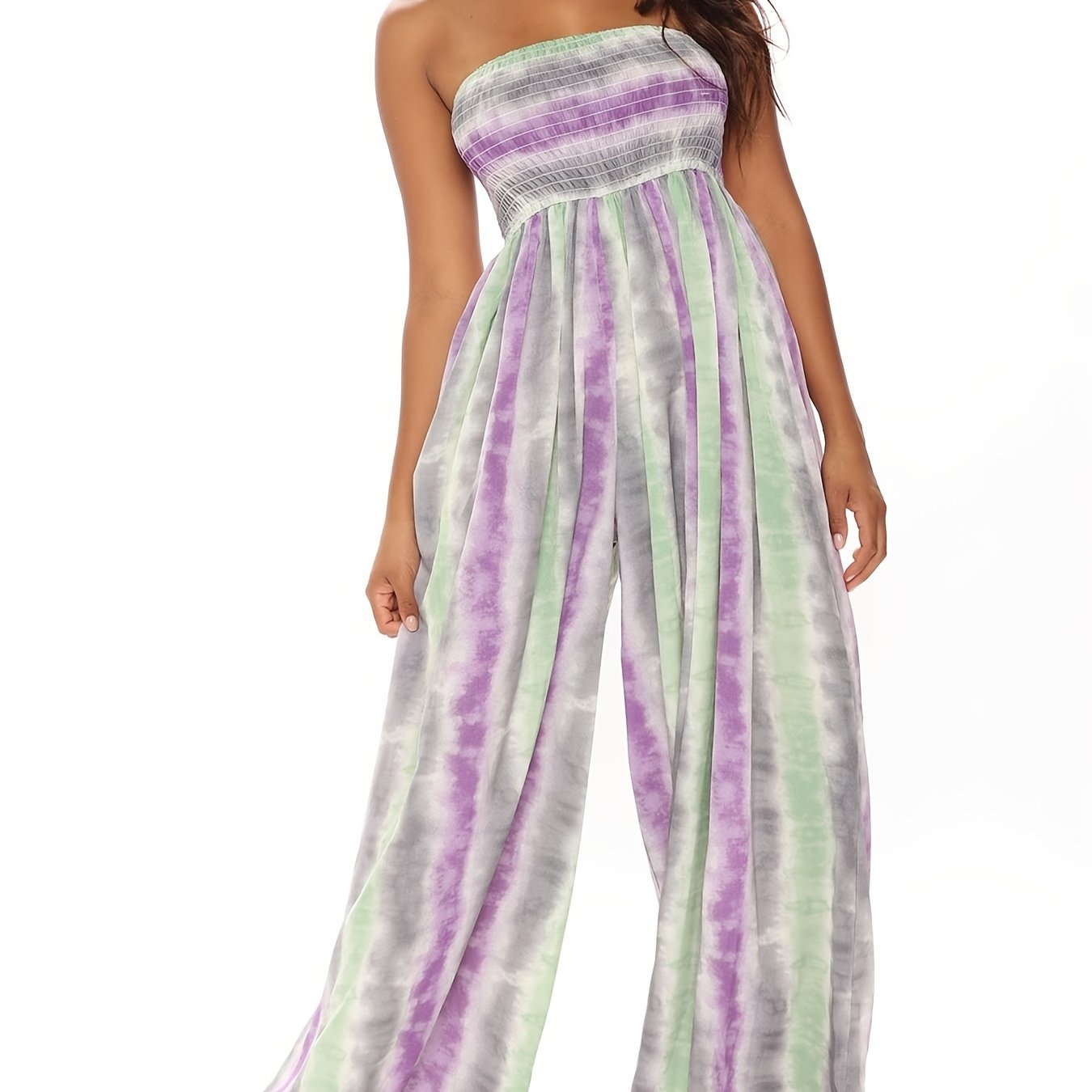 Allover Print Tube Jumpsuit, Casual Off Shoulder Wide Leg Jumpsuit, Women's Clothing