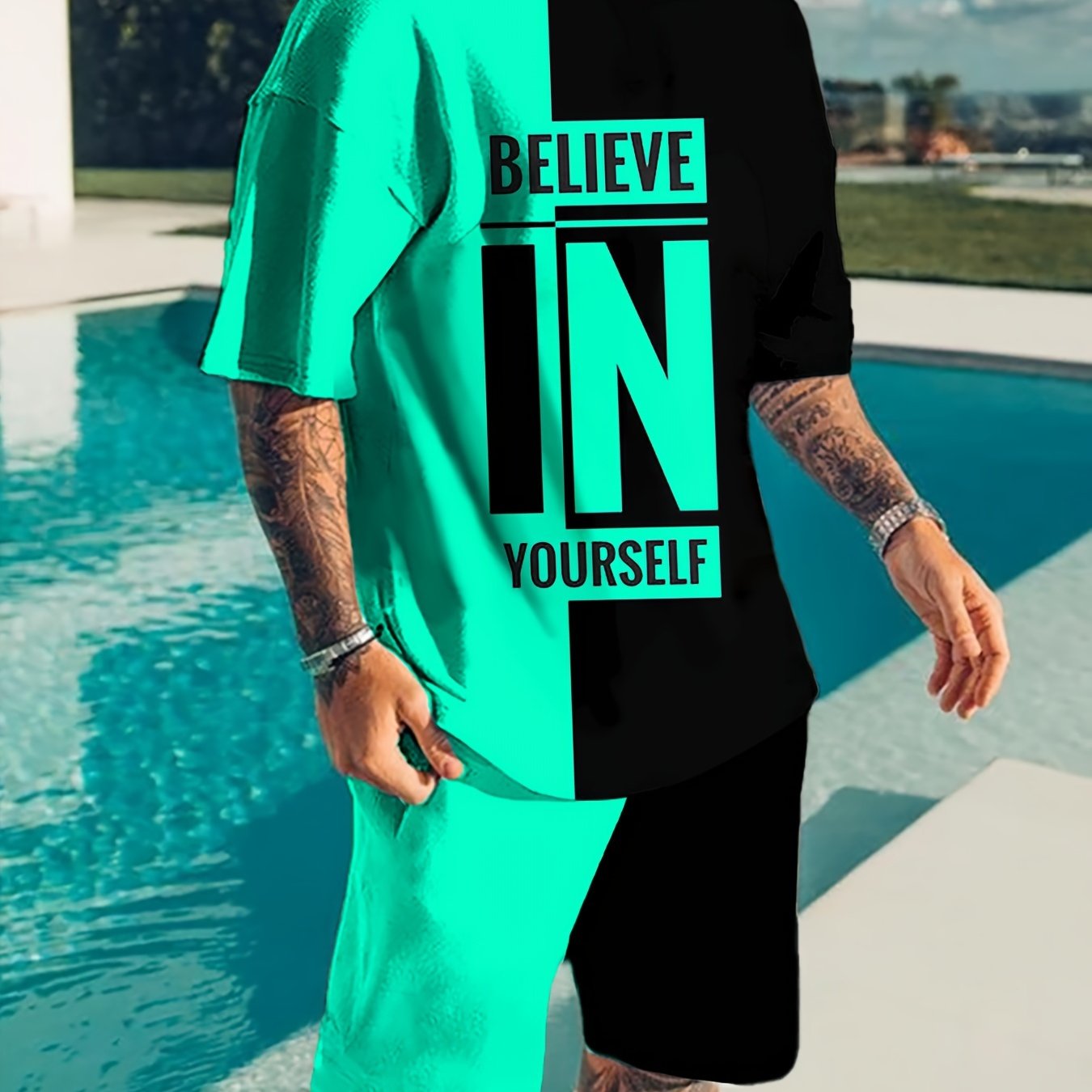 Believe In Yourself Print, Men's 2Pcs Outfits, Casual Crew Neck Short Sleeve T-shirt And Drawstring Shorts Set For Summer, Men's Clothing