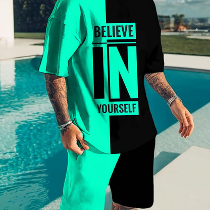 Believe In Yourself Print, Men's 2Pcs Outfits, Casual Crew Neck Short Sleeve T-shirt And Drawstring Shorts Set For Summer, Men's Clothing