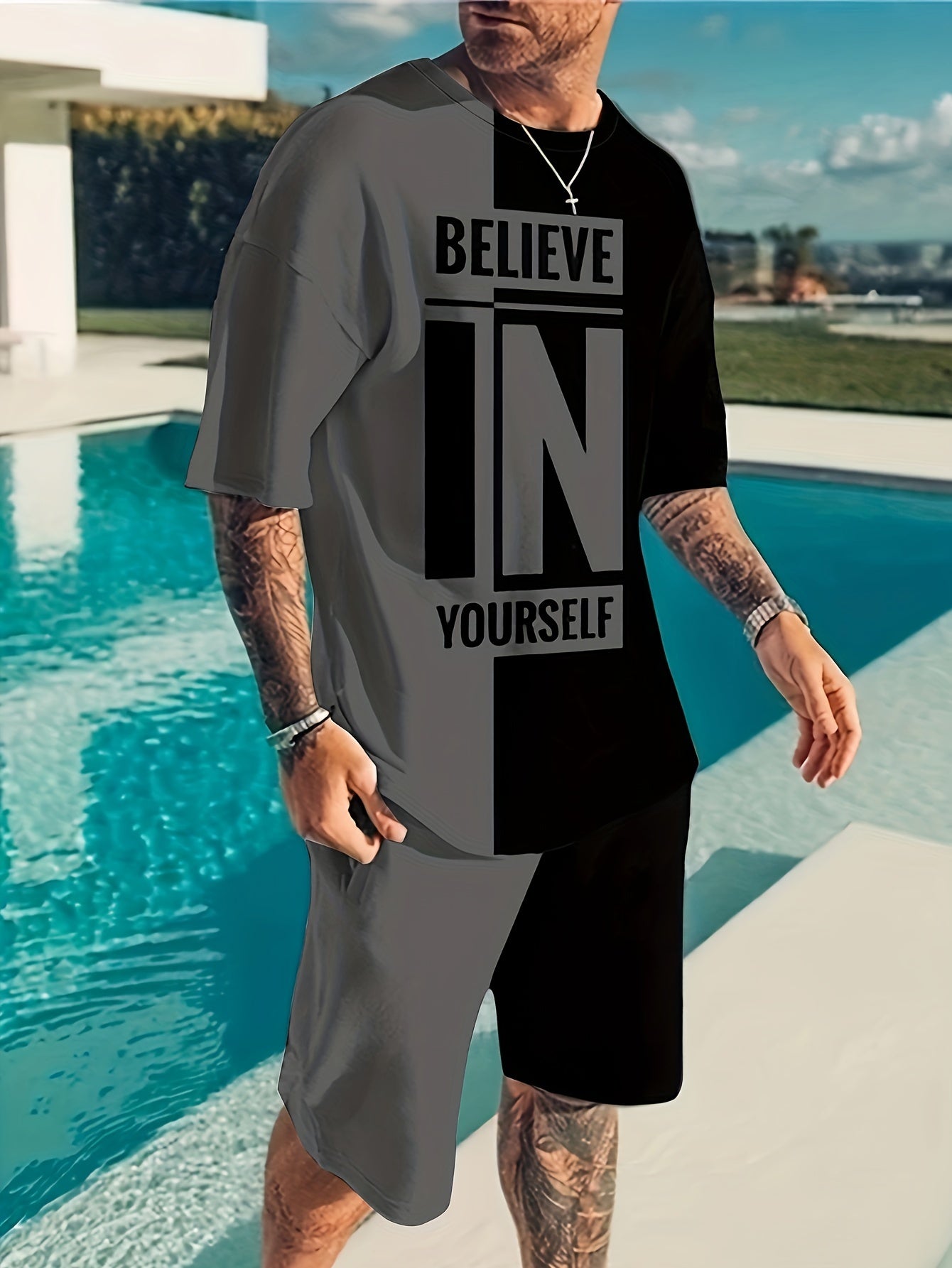 Believe In Yourself Print, Men's 2Pcs Outfits, Casual Crew Neck Short Sleeve T-shirt And Drawstring Shorts Set For Summer, Men's Clothing