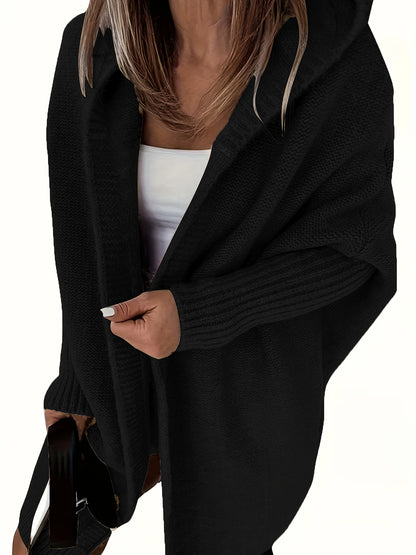 Plus Size Casual Cardigan, Women's Plus Solid Stitching Long Sleeve Hooded Open Front Slight Stretch Sweater Cardigan