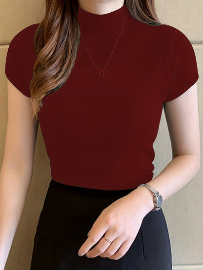 Womens Chic Solid Mock Neck Short Sleeve Knit Sweater - Soft & Breathable - Casual Everyday Style
