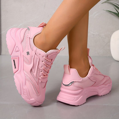 Women's Solid Color Casual Sneakers, Lace Up Breathable Soft Sole Sporty Trainers, Versatile Low-top Platform Shoes
