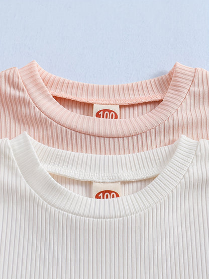 2 Sets Girl's Ribbed Outfit, Peplum Top & Pants Set, Casual Toddler Kid's Clothes For Spring Fall