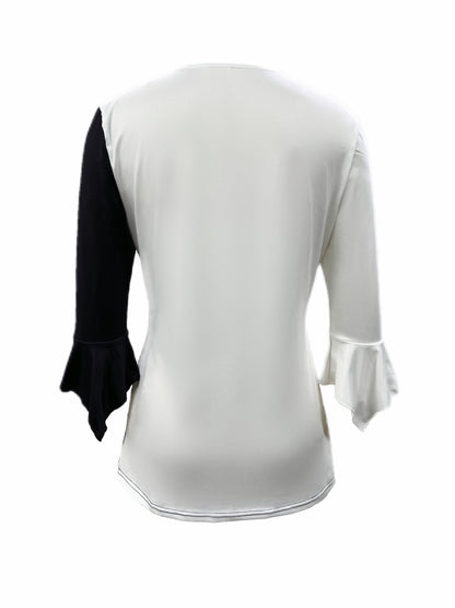 Versatile Floral-Patterned Knit Top – Comfortable Stretch, Easy-Care, Irregular Cuff Detail, Ideal for Spring to Fall