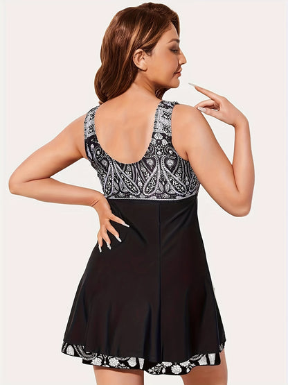 Plus Size Womens Vibrant Floral Print Tie Front V Neck One Piece Swimsuit - High Stretch, Comfortable, Vacation Essential - Polyester Knit Fabric, Random Printing, No Sheer