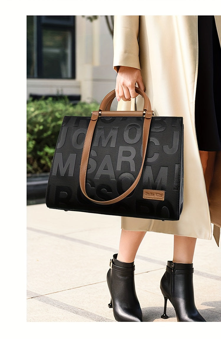 Classic Letter Embossed Tote Bag, Colorblock Shoulder Bag, All-Match Satchel Bag For Work