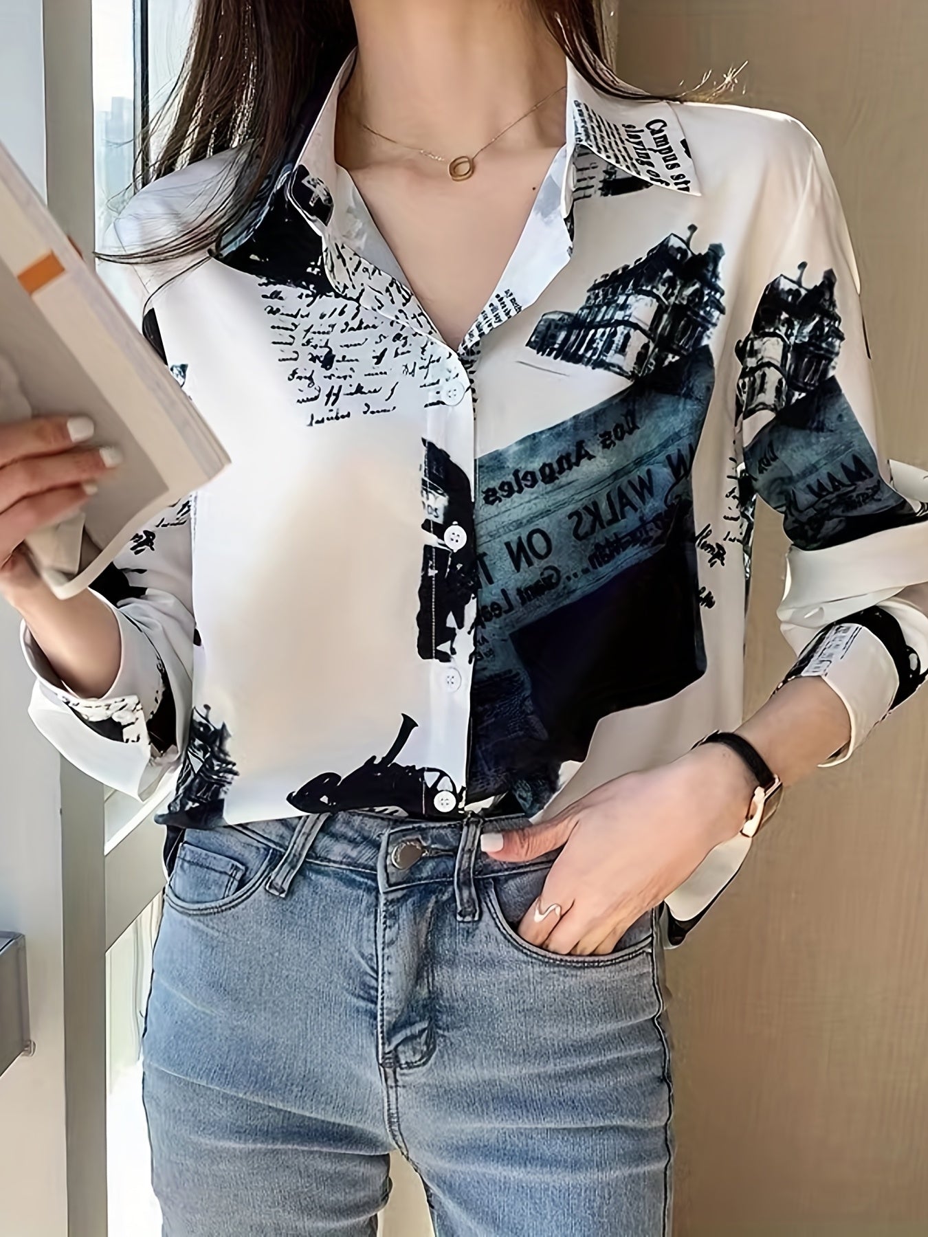 Chic Vintage-Inspired Women's Long Sleeve Blouse - Casual Polyester Chiffon Shirt with Unique Newspaper Print, Machine Washable, Perfect for Spring/Fall
