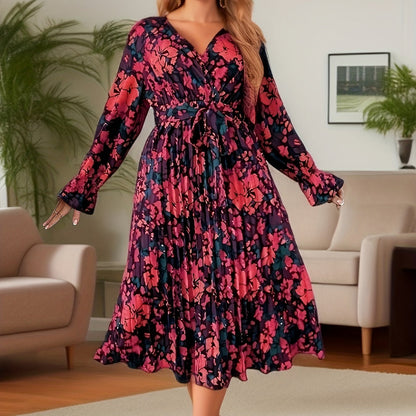 Plus Size Casual Dress, Women's Plus Floral Print Lantern Sleeve Surplice Neck Slight Stretch Midi Dress With Belt