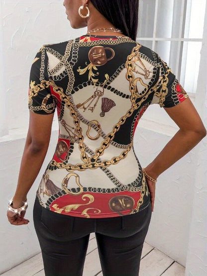 Chain Print Surplice Neck T-Shirt, Casual Short Sleeve Skinny Top For Spring & Summer, Women's Clothing