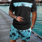 2Pcs Men's Tropical Coconut Tree Print Casual Outfits - Crew Neck Short Sleeve T-shirt & Drawstring Shorts Set - For Summer Vacation & Resorts - Men's Clothing