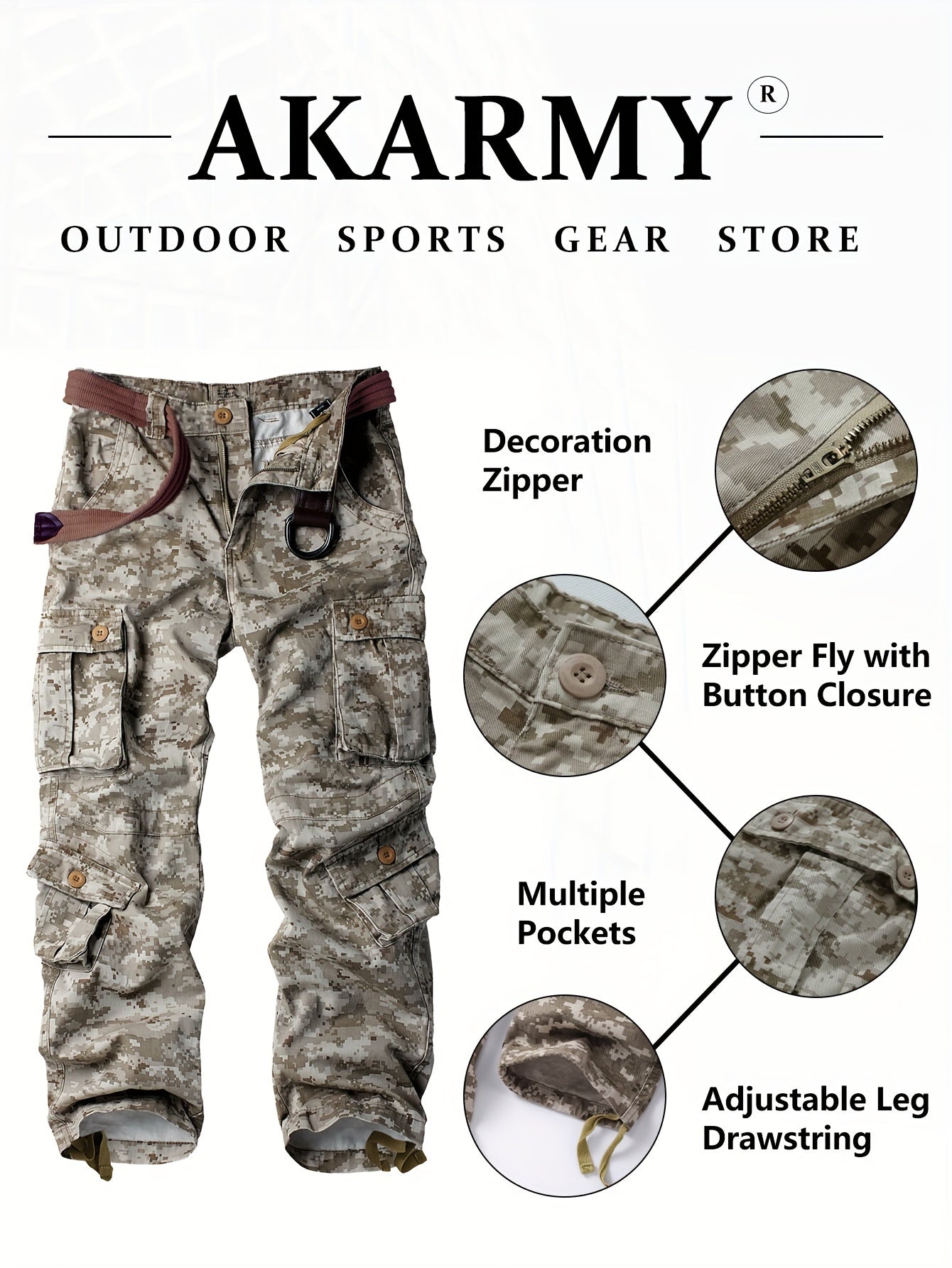 AKNAVY Solid Cotton Camo Multi Flap Pockets Men's Straight Leg Cargo Pants, Loose Casual Outdoor Pants, Men's Work Pants For Hiking Fishing Angling