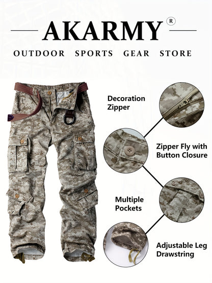 AKNAVY Solid Cotton Camo Multi Flap Pockets Men's Straight Leg Cargo Pants, Loose Casual Outdoor Pants, Men's Work Pants For Hiking Fishing Angling