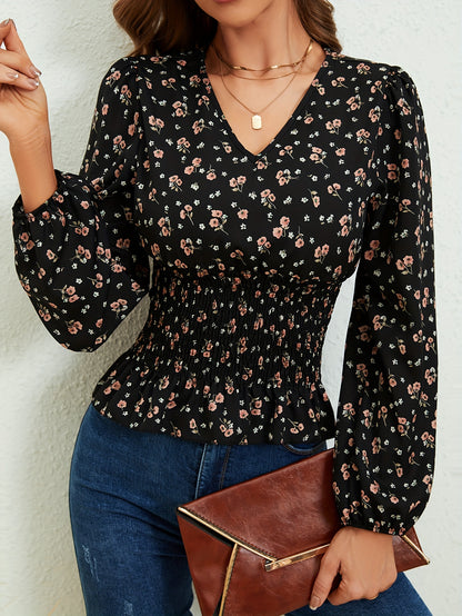 Ditsy Floral Print Shirred Blouse, Elegant Long Sleeve V Neck Blouse, Women's Clothing