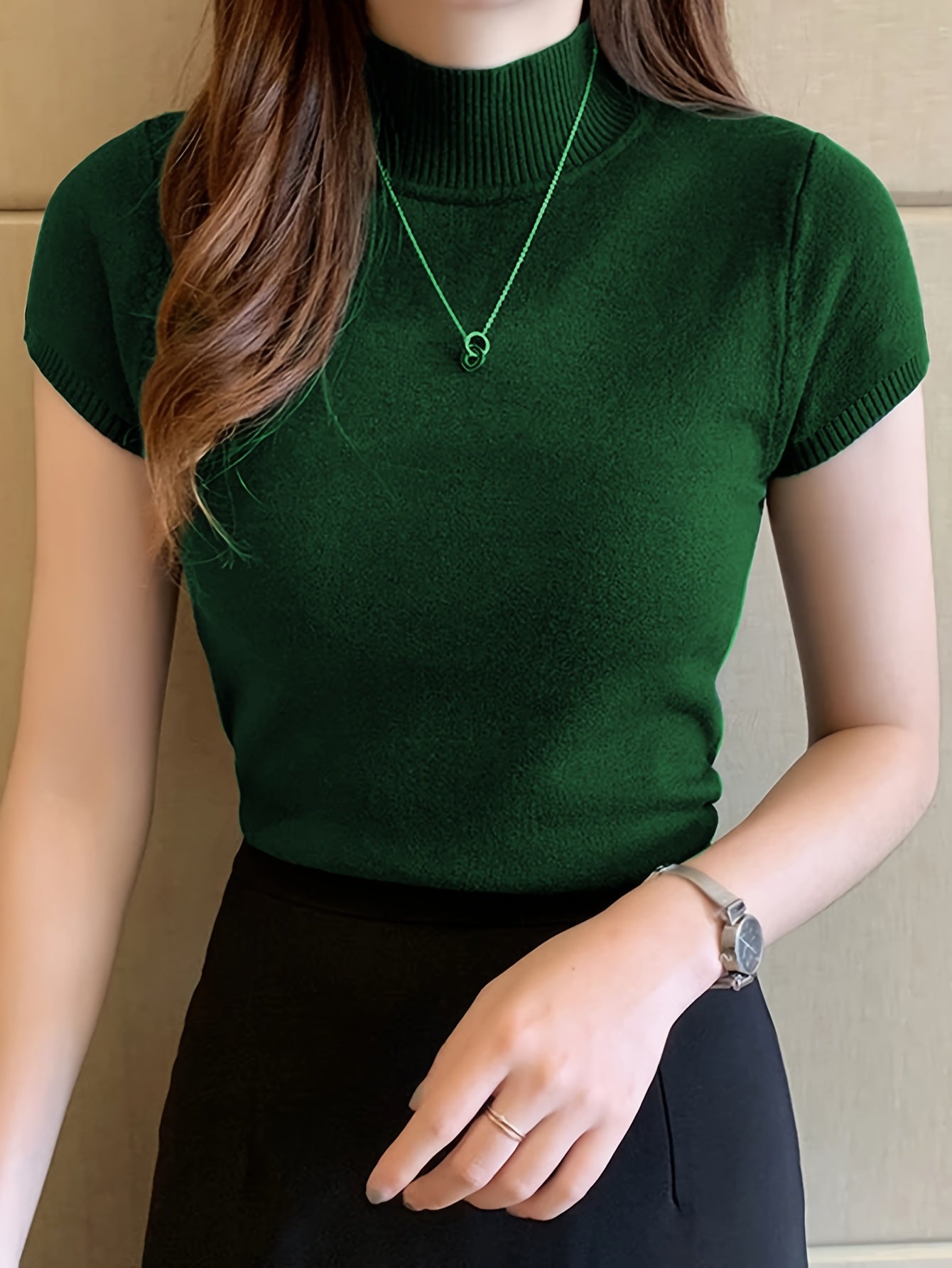 Womens Chic Solid Mock Neck Short Sleeve Knit Sweater - Soft & Breathable - Casual Everyday Style