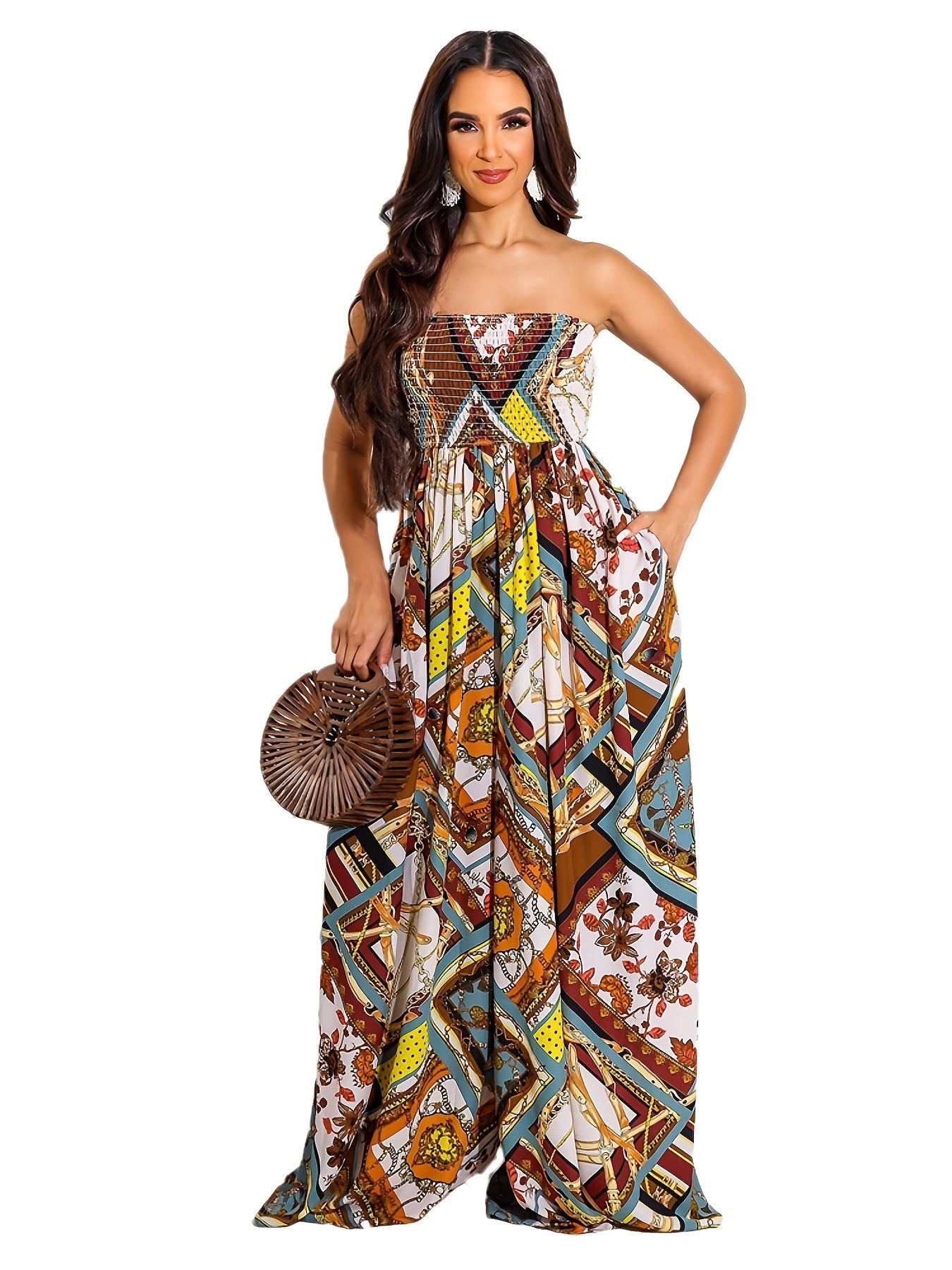 Allover Print Tube Jumpsuit, Casual Off Shoulder Wide Leg Jumpsuit, Women's Clothing