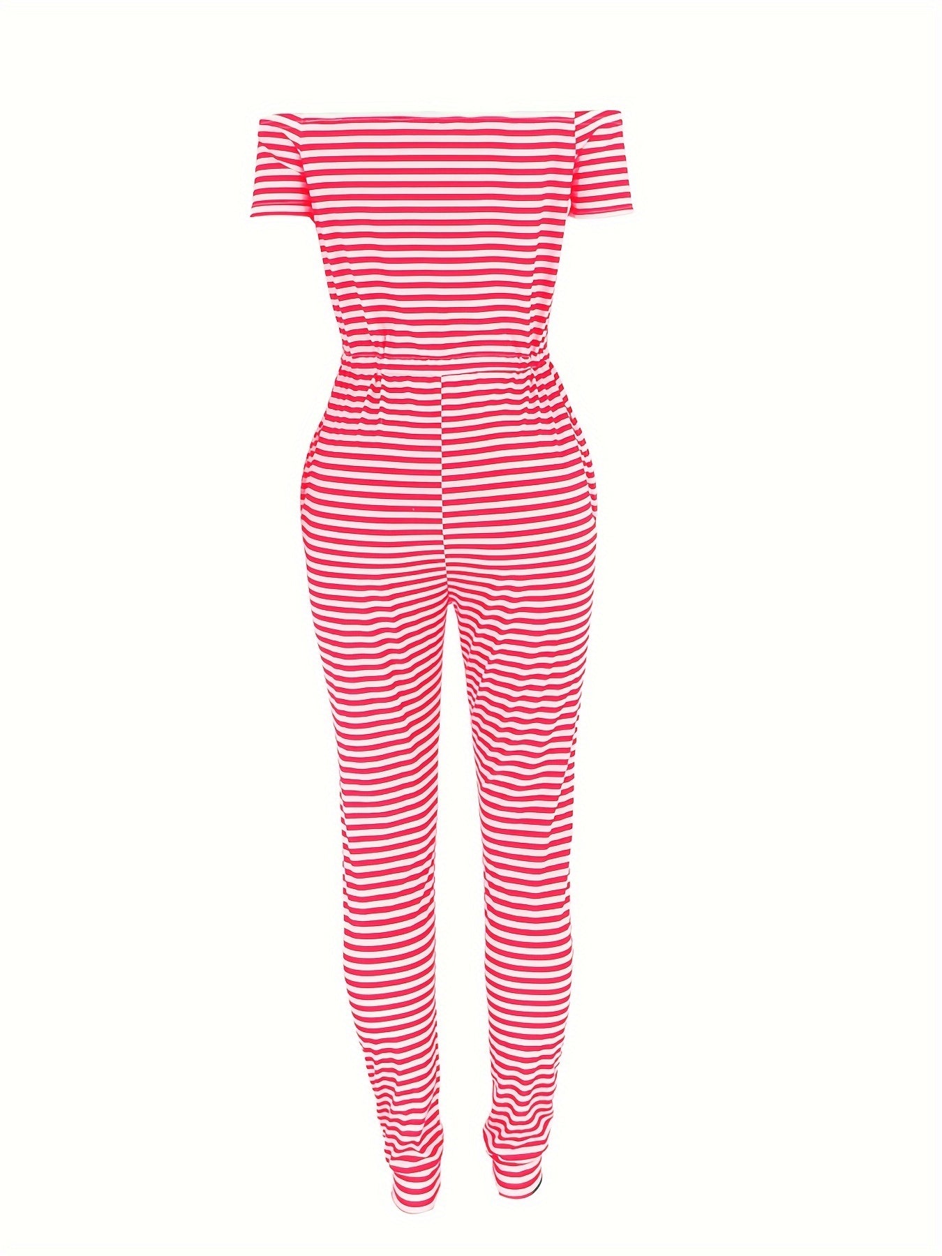 Striped Off Shoulder Drawstring Jumpsuit, Casual Short Sleeve Slim Jumpsuit For Spring & Summer, Women's Clothing