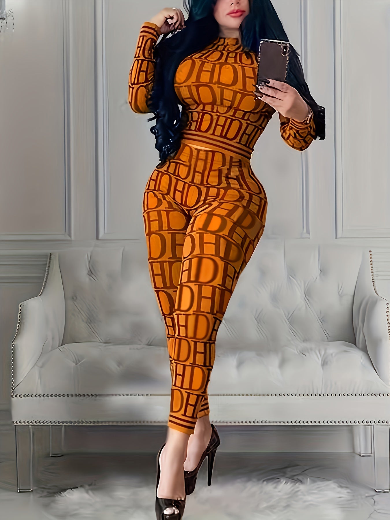 Women's Letter Print Slim Two-piece Set - Mock Neck Long Sleeve Tops & Long Length Pants Outfits - For Casual & Chic Style - Perfect Gift for Fashionable Women