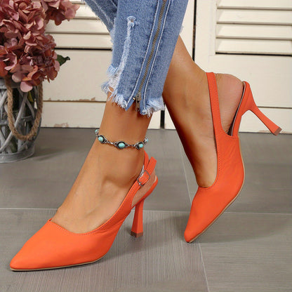 Women's Slingback High Heels, Solid Color Pointed Toe Buckle Strap Stilettos, Party & Dress Summer Shoes for Koningsdag/King's Day