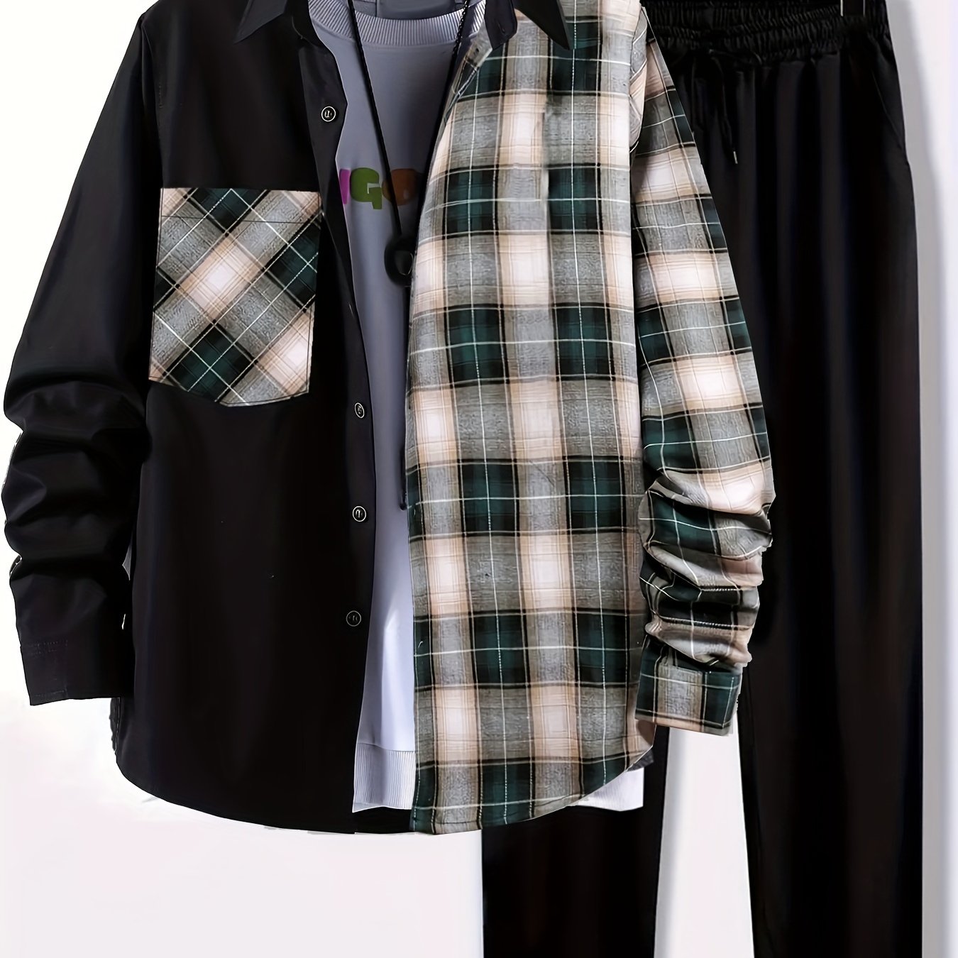 Plus Size Men's Plaid Shirt & Pants Set For Spring/autumn, Oversized Loose Fit 2Pcs Outfits For Workout/outdoor, Men's Clothing