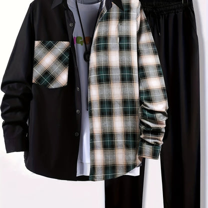 Plus Size Men's Plaid Shirt & Pants Set For Spring/autumn, Oversized Loose Fit 2Pcs Outfits For Workout/outdoor, Men's Clothing