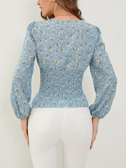 Ditsy Floral Print Shirred Blouse, Elegant Long Sleeve V Neck Blouse, Women's Clothing
